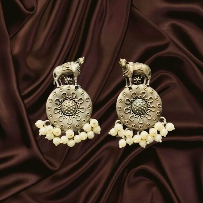 Royal Oxidized Cow Charm Earrings with Pearl Drops - Image 1