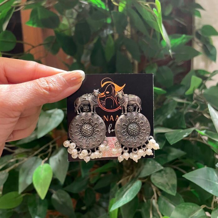 Royal Oxidized Cow Charm Earrings with Pearl Drops - Image 3
