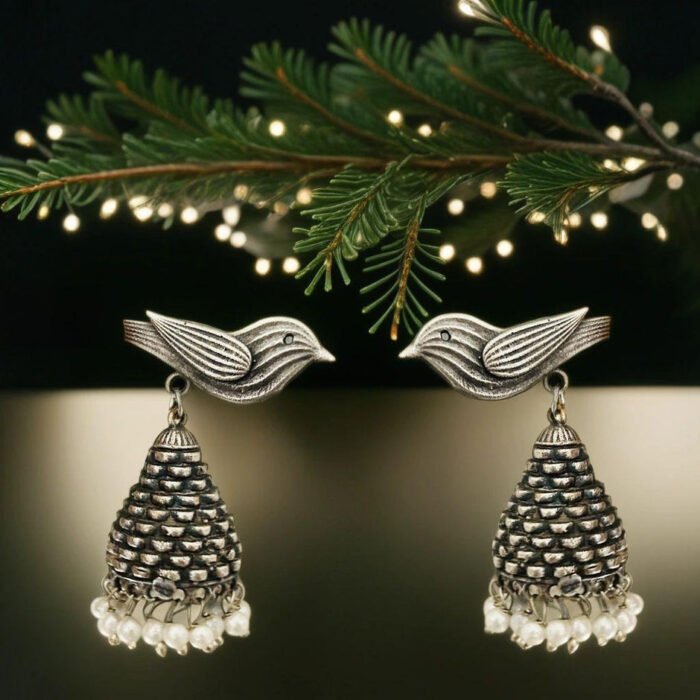 Silver Bird & Pinecone Jhumka Earrings - Image 1