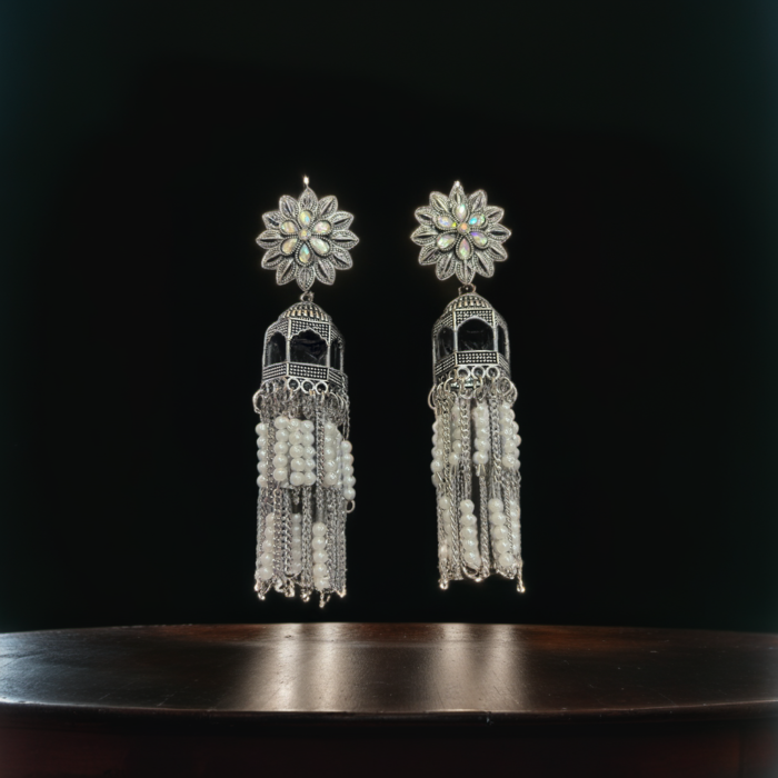 Chandelier Tassel Jhumka Earrings with Pearl Chains - Image 1